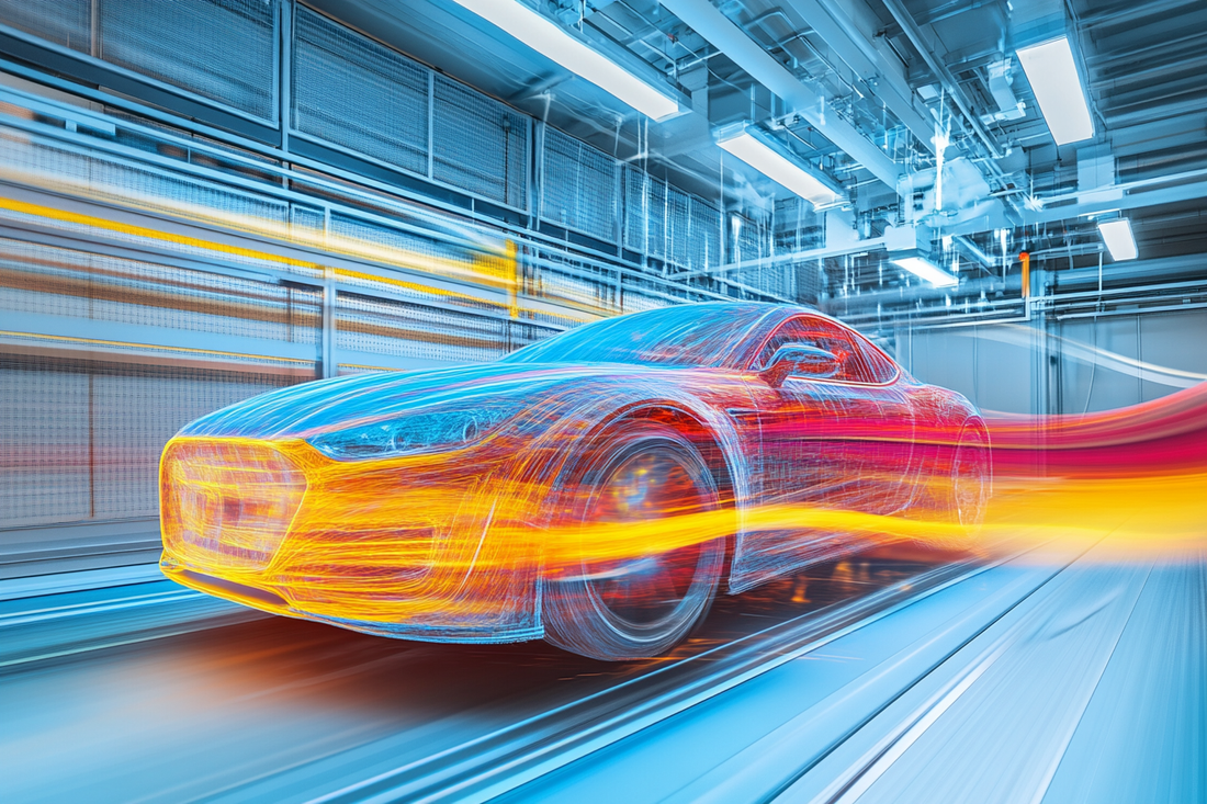 High-performance sports car in a wind tunnel testing environment with colorful airflow visualization, showcasing aerodynamics engineering, ground effect aerodynamics, and airflow optimization for improved speed and efficiency.