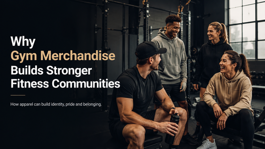 Gym community wearing fitness apparel in a modern training space, promoting how gym merchandise builds identity, pride and belonging.