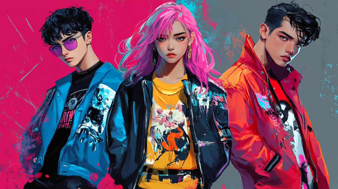 individuals wearing bomber jackets and t-shirts with designs on them, anime design