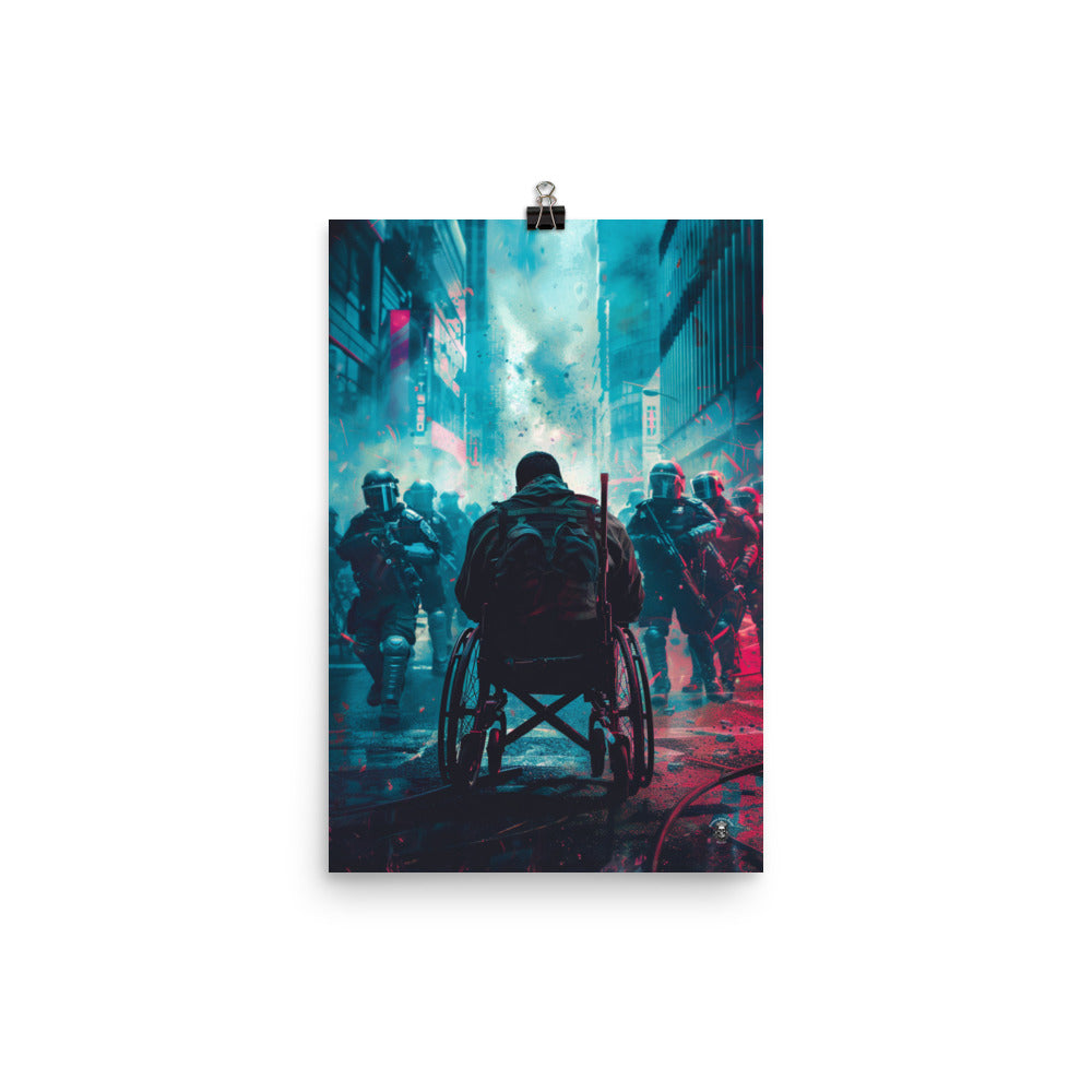 Resilience Amidst Adversity Poster: Man in Wheelchair Faces Riot Police with Courage