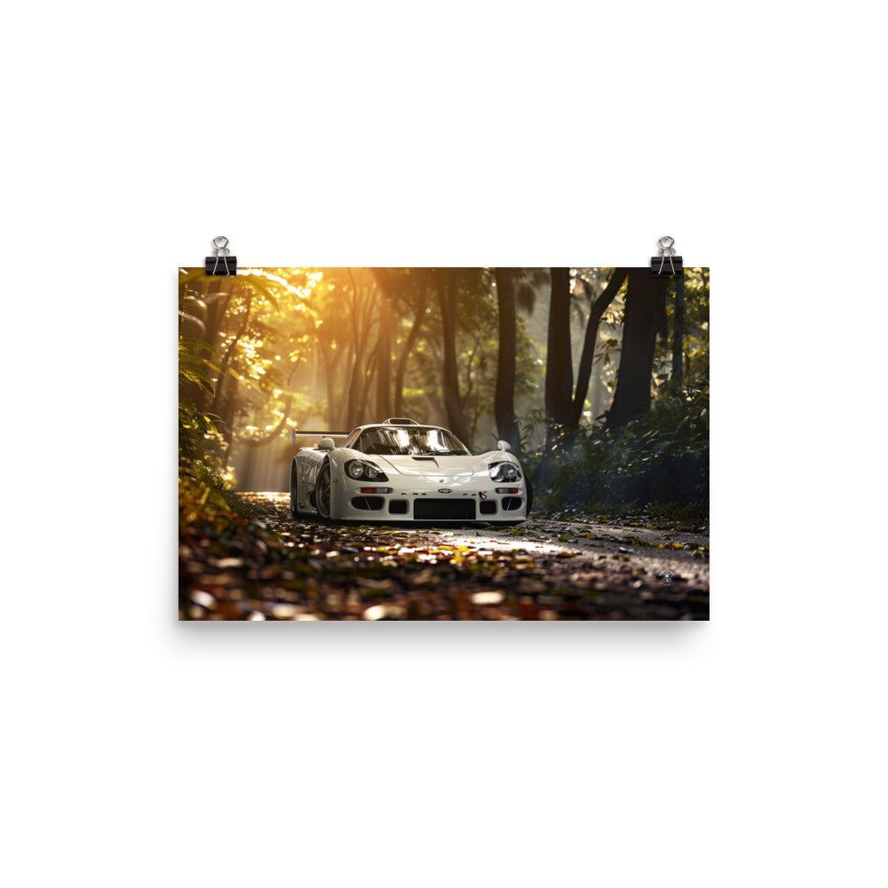 Golden Hour Rush Poster: Supercar Roaring Through Enchanted Forest in Dazzling Sunset