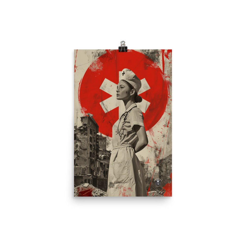 Resilience Amidst Devastation Poster: WW2 Medic Nurse Stands Strong in the Face of Adversity