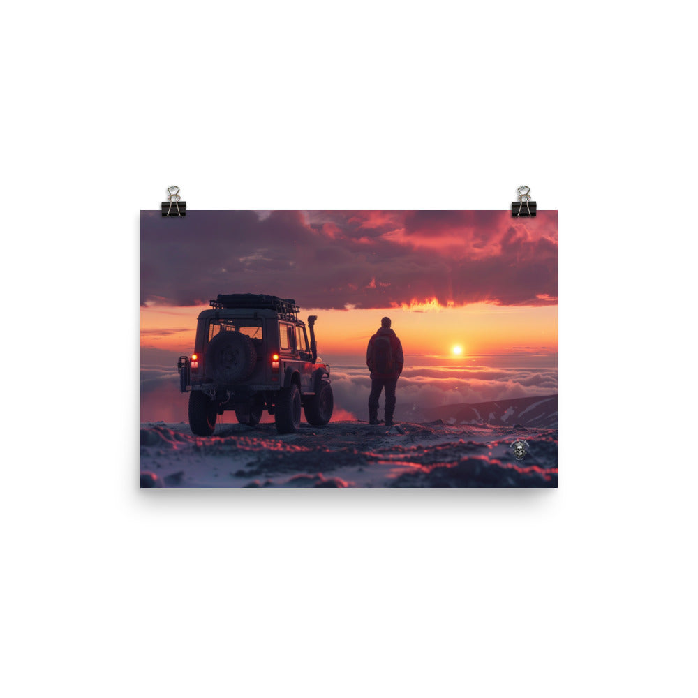 Off-Road Serenity: Owner Contemplates Sunset, Adventure Beckoning Beyond the Horizon Poster