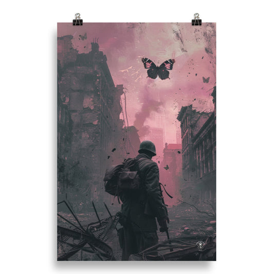 Hope Amidst Chaos Poster: WW2 Soldier Embraced by Butterflies in Symbolic Resilience