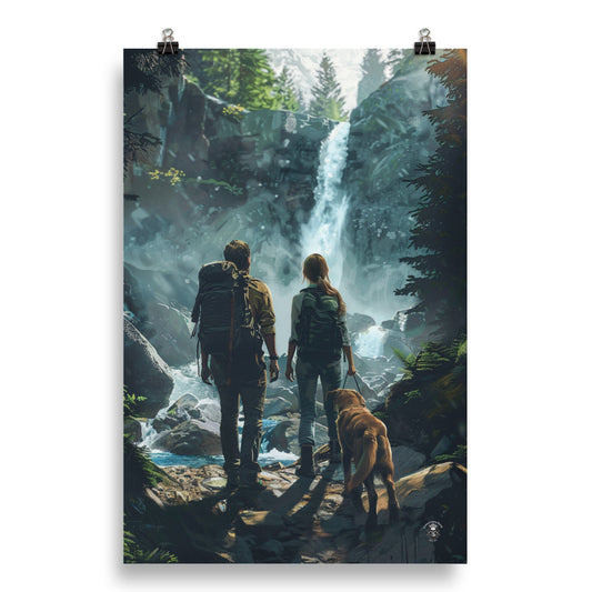 Nature's Embrace Poster: Couple and Dog Hiking Amidst Serene Forest and Cascading Waterfall