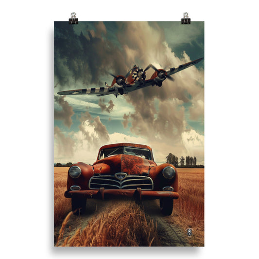 1940s Abandoned Adventure Poster: Classic Car in Field, Witnessing Plane's Historic Flyby