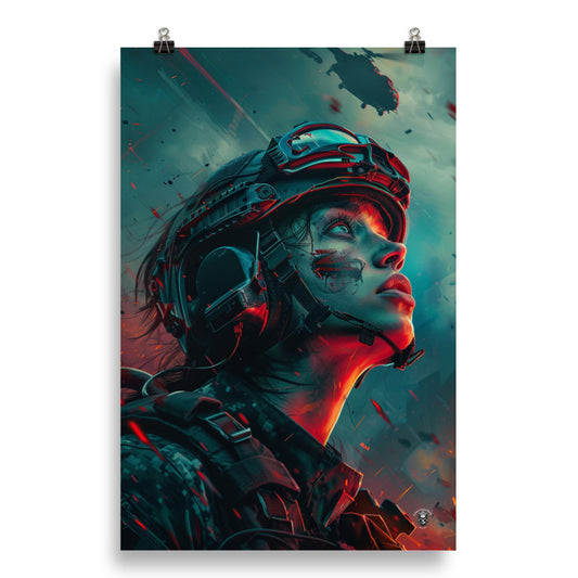 Future's Burden Poster: Lone Female Soldier Amidst Helicopters, Contemplating the Toll of Conflict"