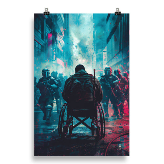 Resilience Amidst Adversity Poster: Man in Wheelchair Faces Riot Police with Courage