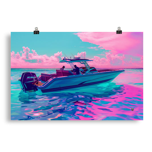 Ocean's Edge Poster: Cyberpunk Powerboat Rests Amidst Techno-Tinted Waters