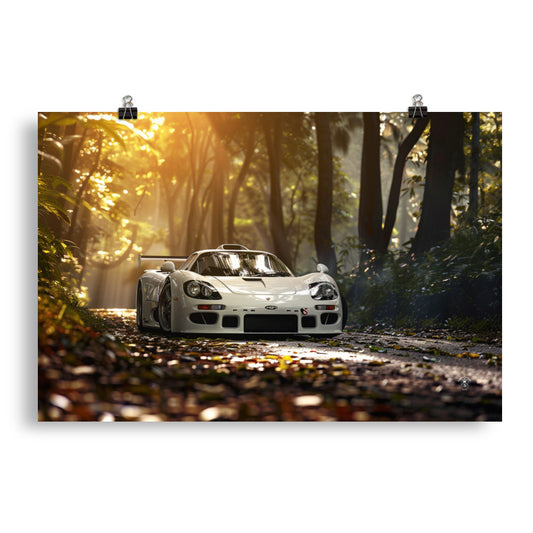 Golden Hour Rush Poster: Supercar Roaring Through Enchanted Forest in Dazzling Sunset