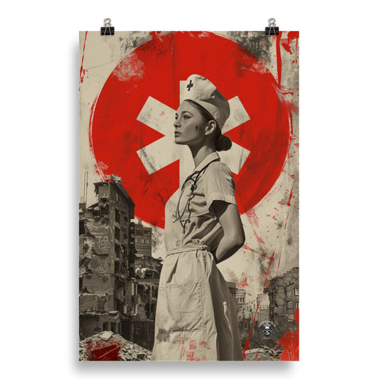 Resilience Amidst Devastation Poster: WW2 Medic Nurse Stands Strong in the Face of Adversity