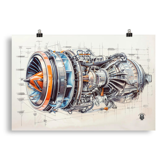 Unveiling Power: Technical Drawing Poster of Turbine Engine's Explosive Force