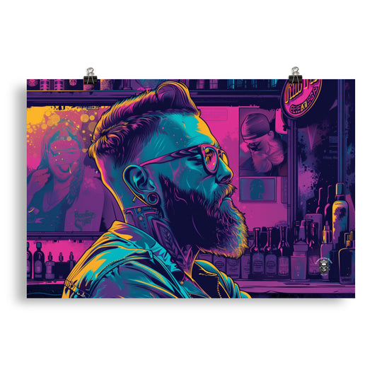 Neon Shears: Step into the Futuristic Realm of Cyberpunk Barbershop Poster