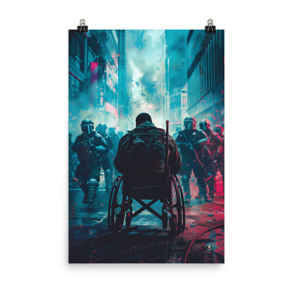 Resilience Amidst Adversity Poster: Man in Wheelchair Faces Riot Police with Courage