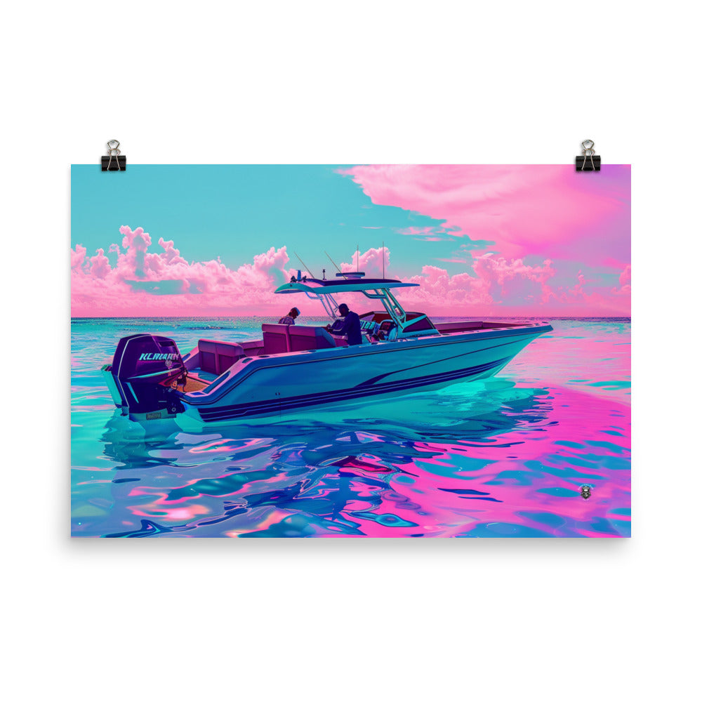 Ocean's Edge Poster: Cyberpunk Powerboat Rests Amidst Techno-Tinted Waters