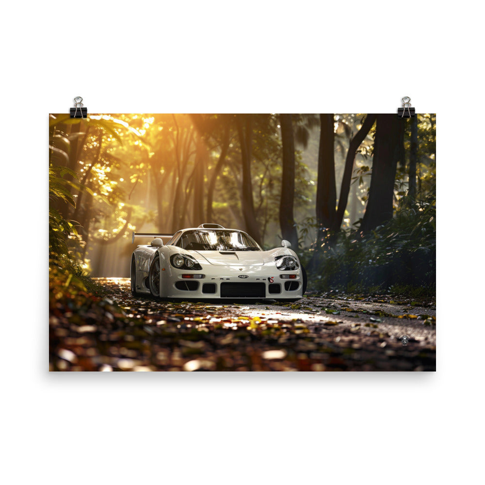 Golden Hour Rush Poster: Supercar Roaring Through Enchanted Forest in Dazzling Sunset