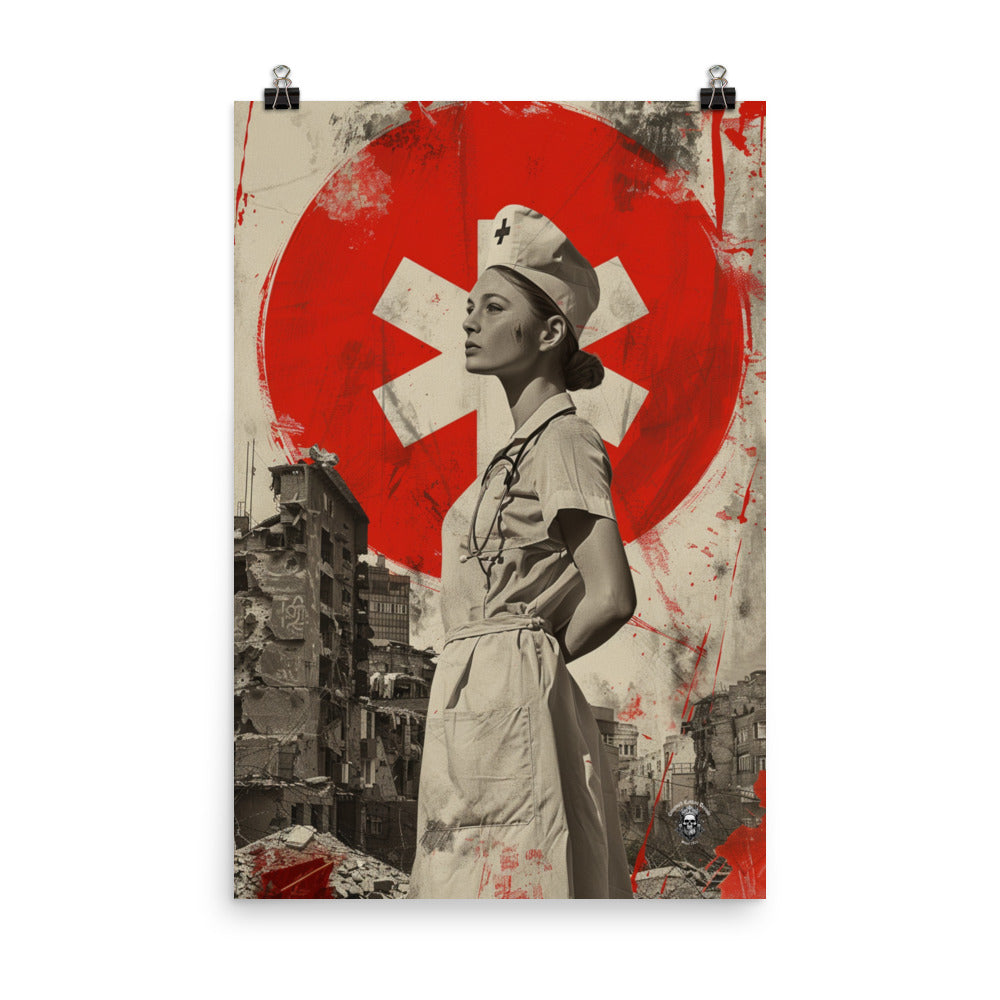 Resilience Amidst Devastation Poster: WW2 Medic Nurse Stands Strong in the Face of Adversity