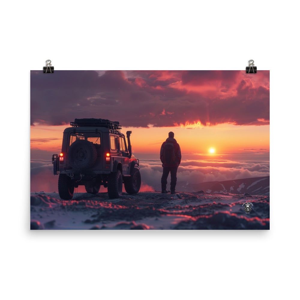 Off-Road Serenity: Owner Contemplates Sunset, Adventure Beckoning Beyond the Horizon Poster