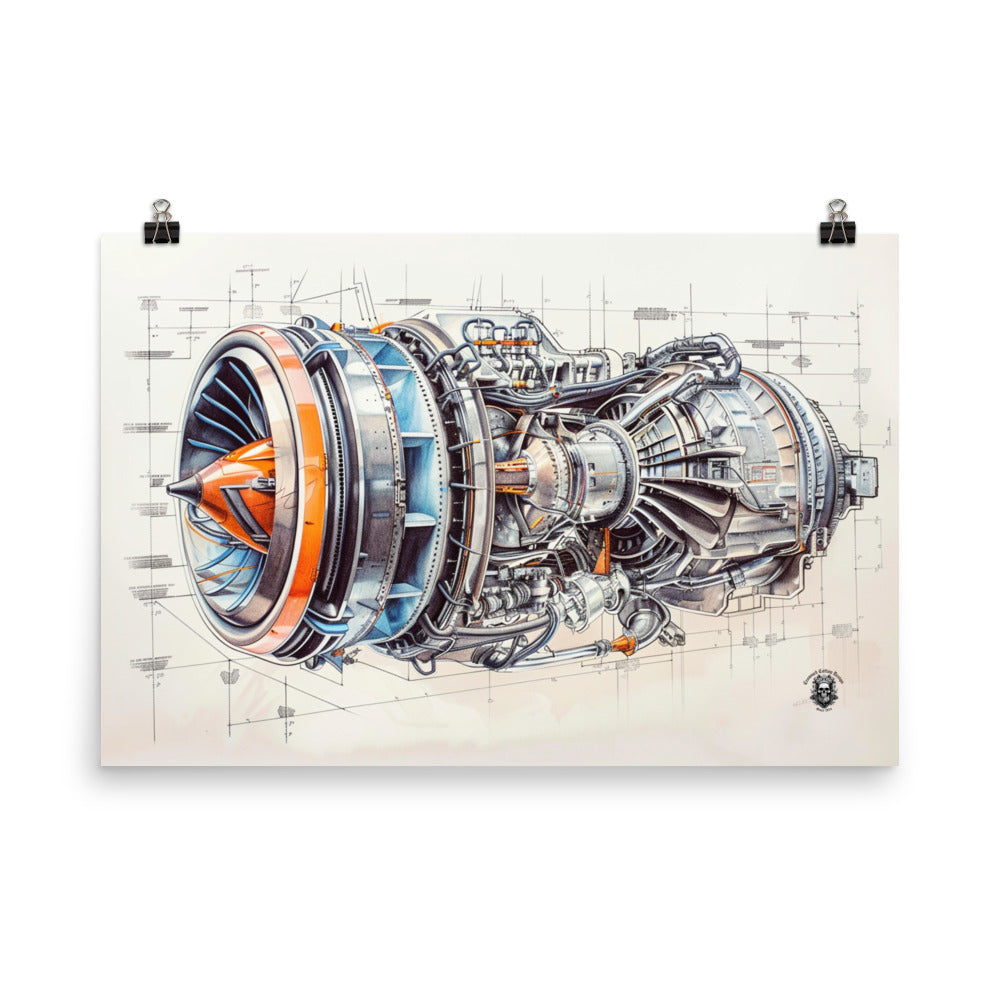 Unveiling Power: Technical Drawing Poster of Turbine Engine's Explosive Force
