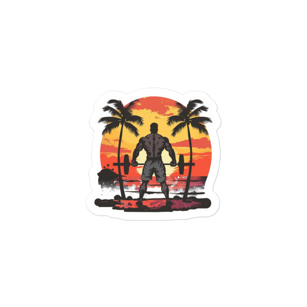 Sticker, Muscle Man Deadlift Beach Scene