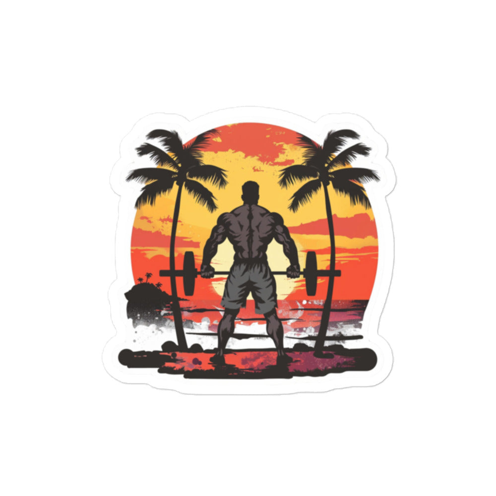 Sticker, Muscle Man Deadlift Beach Scene