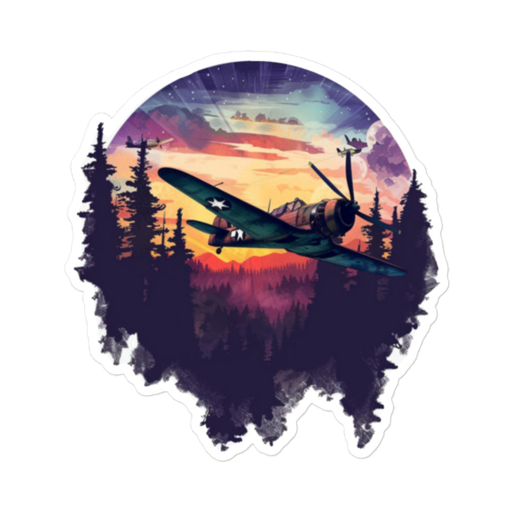 WW2 Plane Sunset Forest Scene Decal: Vintage Aviation in Nature's Embrace